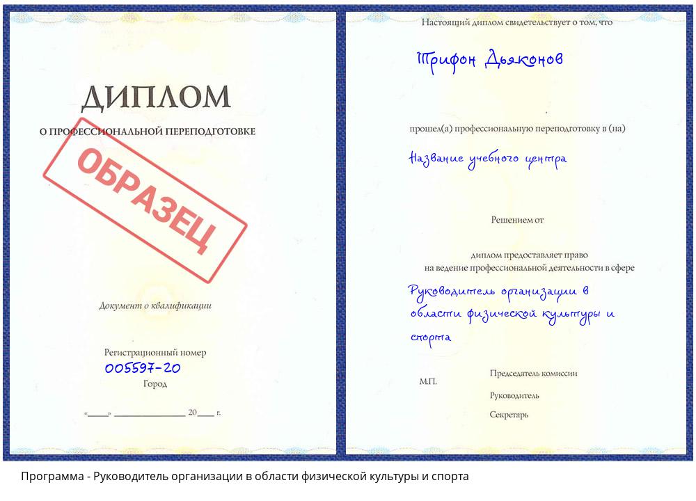 Руководитель организации в области физической культуры и спорта Великий Устюг