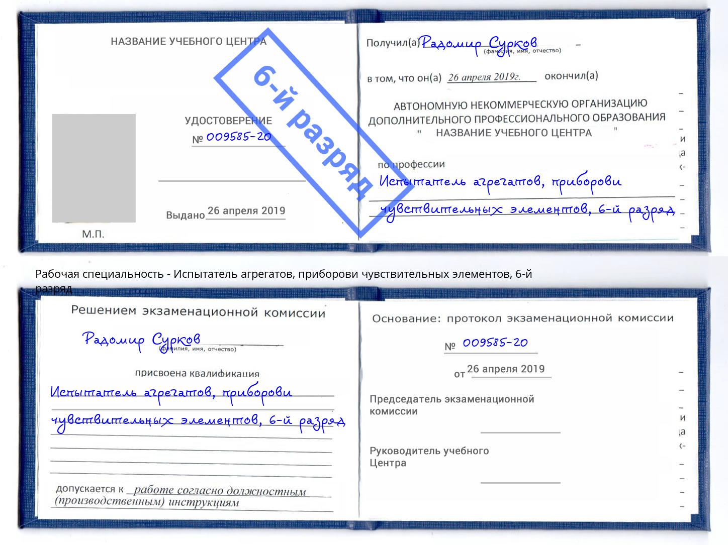 корочка 6-й разряд Испытатель агрегатов, приборови чувствительных элементов Великий Устюг
