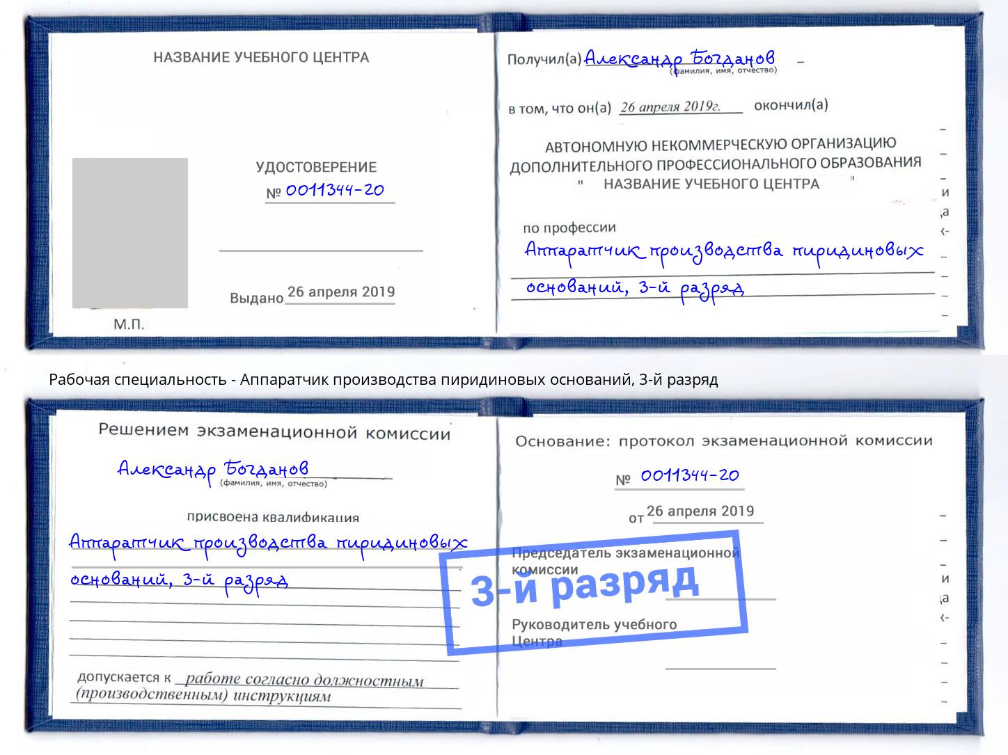 корочка 3-й разряд Аппаратчик производства пиридиновых оснований Великий Устюг