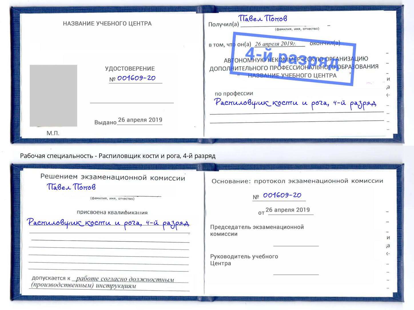 корочка 4-й разряд Распиловщик кости и рога Великий Устюг